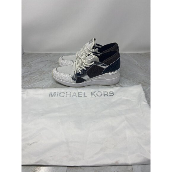 WOMEN MICHAEL KORS LIV TRAINER LOGO EXTREME WEDGE WHITE SILVER MULTI SZ 8.5 - Picture 1 of 8
